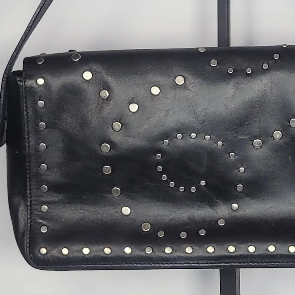BCBG Max Azria Studded Leather Shoulder Bag Black Studded Flap Purse Y2K Style - Picture 4 of 11